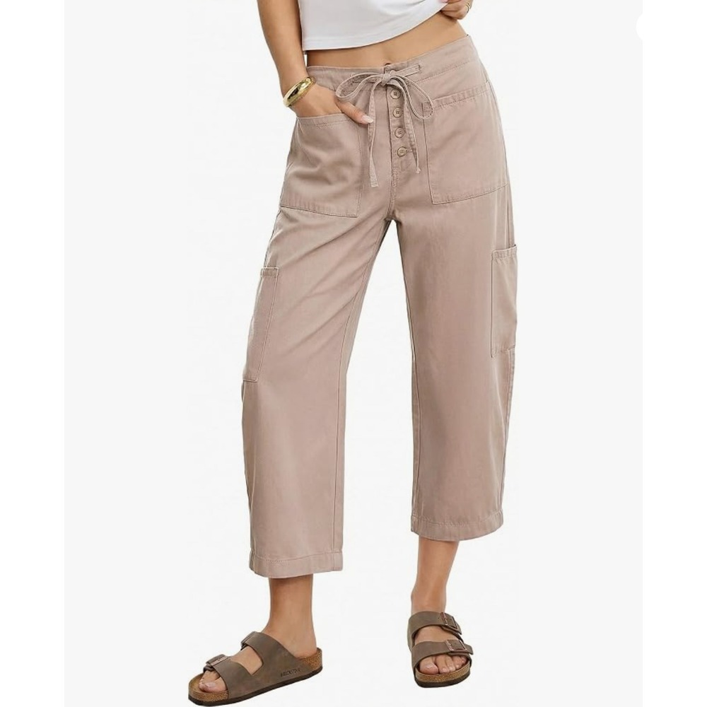 Luvamia Tan Lyocell Cargo Button Fly Barrel Leg Pants XL Cropped Boho Baggy